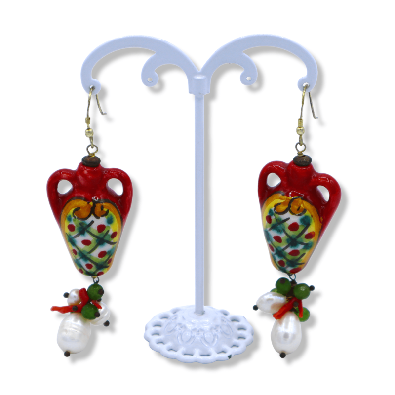 Oorbellen in Ceramica in de vorm van Sicilian anphora, met Scaramazze parels, bamboo koraal en lava steen - 