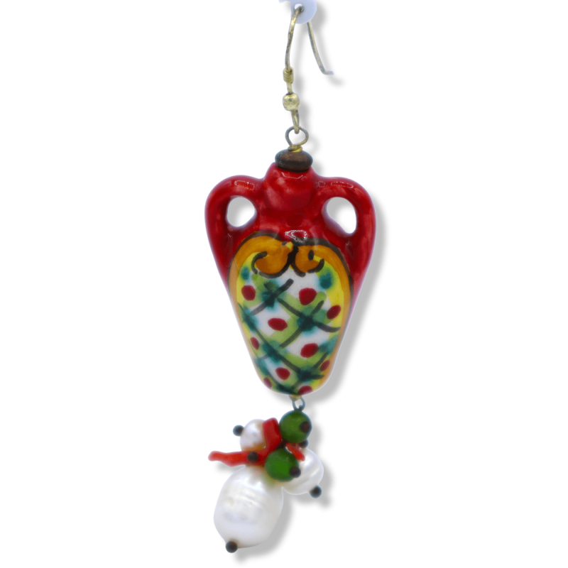 Oreczaki w ceramice w kształcie sycylijskiej ramki, z perłami, bambusowym koralem i kamieniem lawy - 