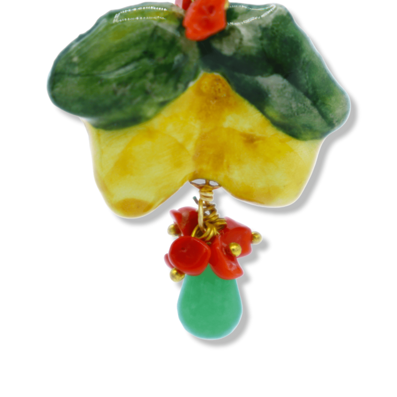 Brincos pendentes limão em cerâmica Caltagirone, altura aproximada de 7 cm. com pedra ágata verde e coral bambu - 