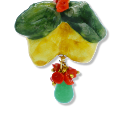 Brincos pendentes limão em cerâmica Caltagirone, altura aproximada de 7 cm. com pedra ágata verde e coral bambu - 