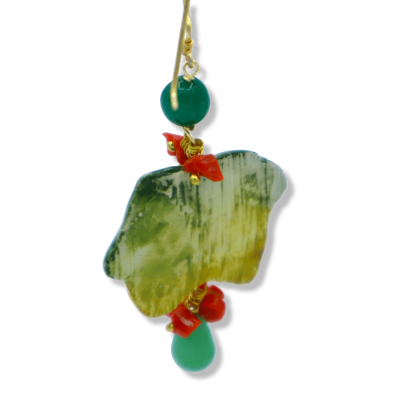 Brincos pendentes limão em cerâmica Caltagirone, altura aproximada de 7 cm. com pedra ágata verde e coral bambu - 