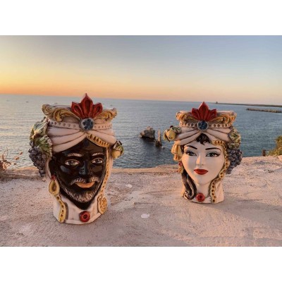 Sicilianskt morhuvud (1 st) Caltagirone keramik h 27 cm ca. Klassisk modell med frukt - 