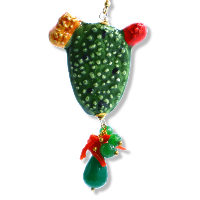 Boucles d'oreilles figue de Barbarie en céramique Caltagirone, environ h 9 cm. avec corail de bambou et pierre d'agate v