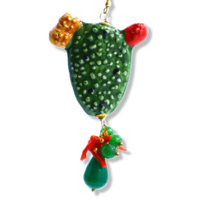 Boucles d'oreilles figue de Barbarie en céramique Caltagirone, environ h 9 cm. avec corail de bambou et pierre d'agate v