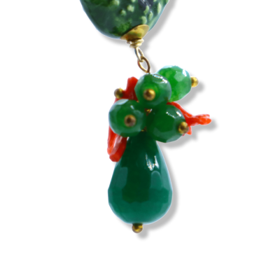 Boucles d'oreilles figue de Barbarie en céramique Caltagirone, environ h 9 cm. avec corail de bambou et pierre d'agate v