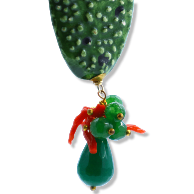 Orecchini Ficodindia in ceramica Caltagirone, h 9 cm ca. con Corallo bambù e pietra Agata verde - 