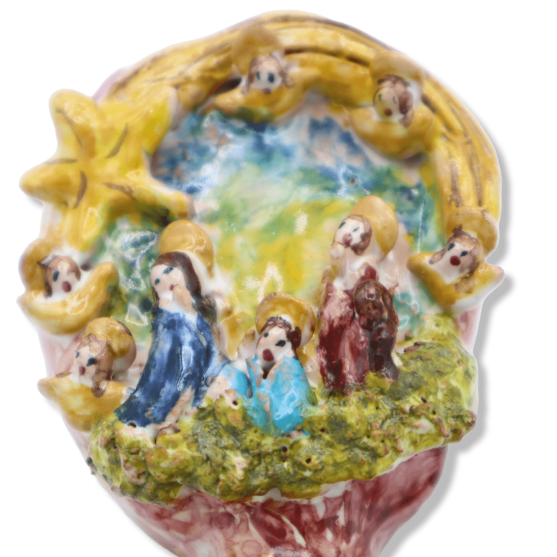 Nativity scene on balloon in Sicilian ceramic, decorated with figures in relief and baroque, h 11 cm approx. MR mod - 