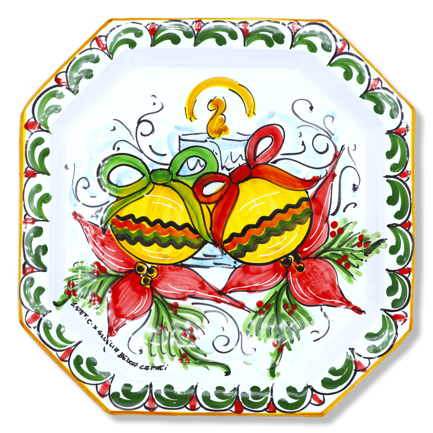 Digitaal bespotten Anoniem Siciliaanse keramische octagonale plaat, decoratie kaars en kerstballen,  30x30 cm approx. Modder