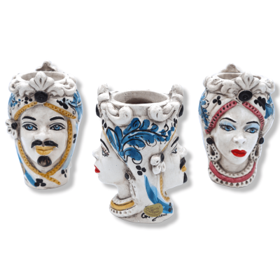 Two-faced Janus head with two faces in Caltagirone ceramic, 17th century blue decoration - h 13 cm approx. (1Pcs) - 