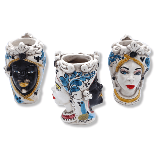 Giano Bifronte testa con due volti in ceramica di Caltagirone, uomo nero - decoro '600 blu - h 13 cm ca. (1Unità) - 