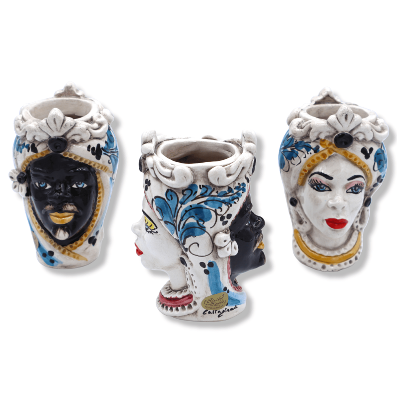 Bifronte hoofd met twee keramische gezichten van Caltagirone, zwarte man, decoratie '600 blauw, 13 cm approx. (1pz) - 
