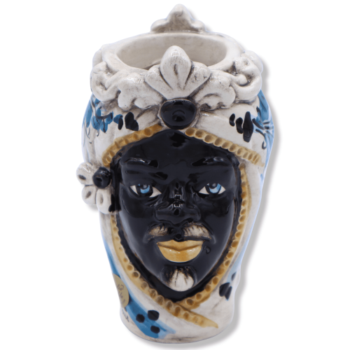 Giano Bifronte testa con due volti in ceramica di Caltagirone, uomo nero - decoro '600 blu - h 13 cm ca. (1Unità) -  2