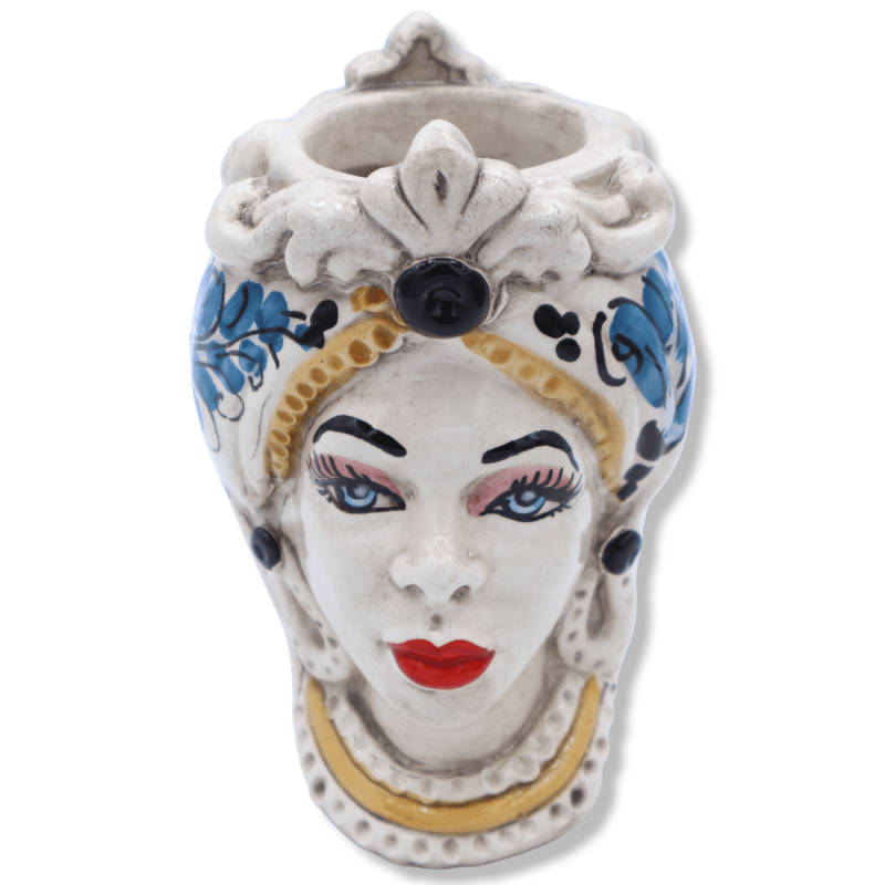 Two-faced Janus head with two faces in Caltagirone ceramic, black man - 17th century blue decoration - h 13 cm approx. (