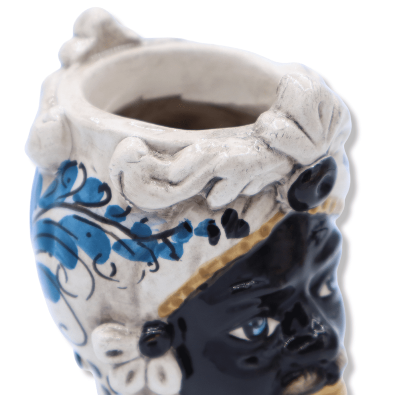 Two-faced Janus head with two faces in Caltagirone ceramic, black man - 17th century blue decoration - h 13 cm approx. (