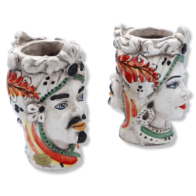 Cabeça de Janus de duas faces com duas faces em cerâmica Caltagirone, decoração vermelha do século XVII - altura 13 cm a