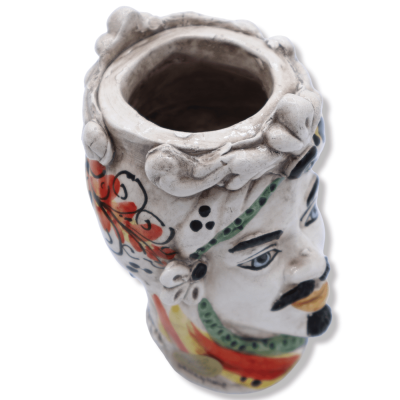 Cabeça de Janus de duas faces com duas faces em cerâmica Caltagirone, decoração vermelha do século XVII - altura 13 cm a