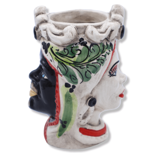 Giano Bifronte testa con due volti in ceramica di Caltagirone, uomo nero e decoro '600 verde - h 13 cm ca. Mod RP - 