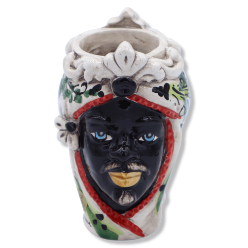 Giano Bifronte testa con due volti in ceramica di Caltagirone, uomo nero e decoro '600 verde - h 13 cm ca. Mod RP -  2