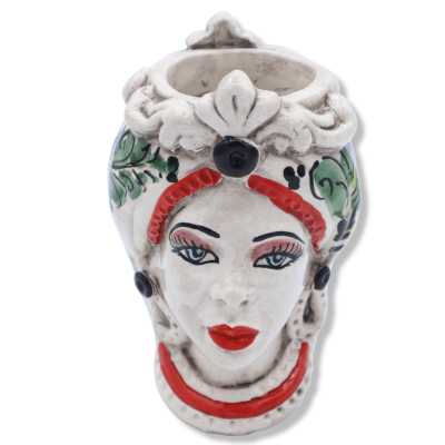 Cabeza bifacial de Jano con dos caras en cerámica Caltagirone, hombre negro y decoración verde del siglo XVII - h 13 cm 