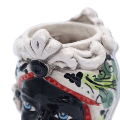 Zweigesichtiger Januskopf mit zwei Gesichtern aus Caltagirone-Keramik, schwarzem Mann und grüner Verzierung aus dem 17. 