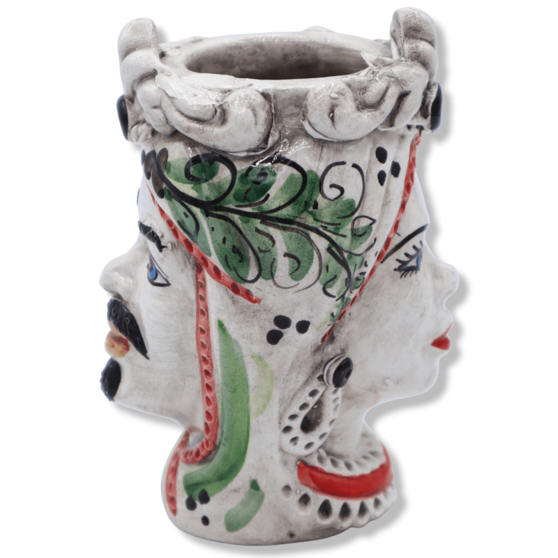 Cabeça de Janus de duas faces com duas faces em cerâmica Caltagirone, decoração verde do século XVII - altura 13 cm apro