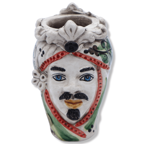 Giano Bifronte testa con due volti in ceramica di Caltagirone, decoro '600 verde - h 13 cm ca. (1Unità) -  2