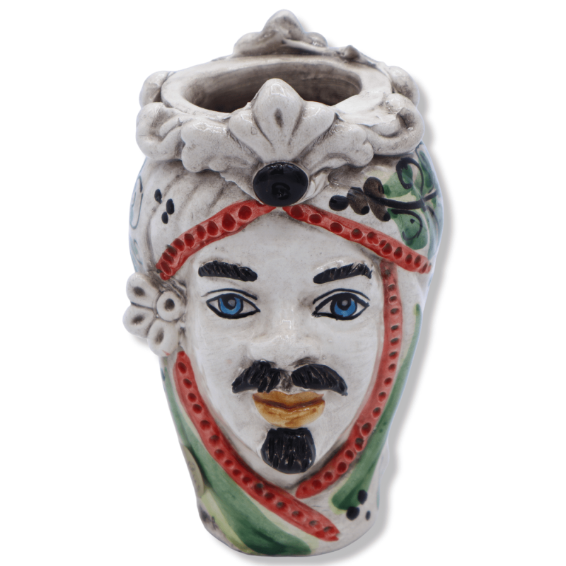 Cabeça de Janus de duas faces com duas faces em cerâmica Caltagirone, decoração verde do século XVII - altura 13 cm apro