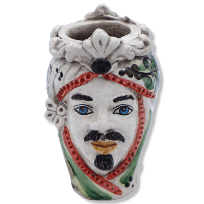 Cabeça de Janus de duas faces com duas faces em cerâmica Caltagirone, decoração verde do século XVII - altura 13 cm apro