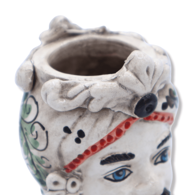 Cabeça de Janus de duas faces com duas faces em cerâmica Caltagirone, decoração verde do século XVII - altura 13 cm apro