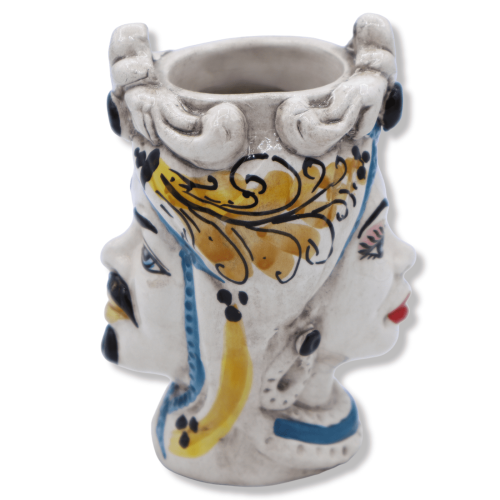 Giano Bifronte testa con due volti in ceramica di Caltagirone, decoro '600 giallo - h 13 cm ca. Mod RP - 