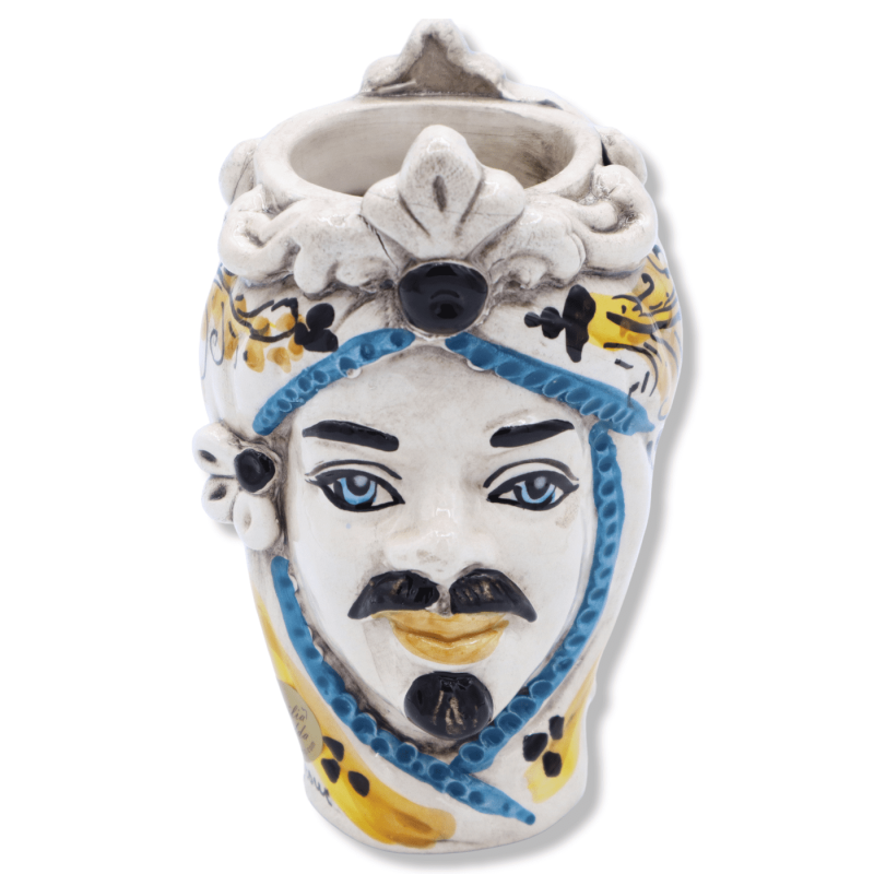 Giano Bifronte głowy z dwóch twarzy z ceramiki Caltagirone, decoro '600 żółty - h 13 cm około. Mod RP - 