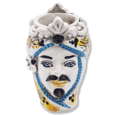 Cabeça de Janus de duas faces com duas faces em cerâmica Caltagirone, decoração amarela do século XVII - aprox. 13 cm. m