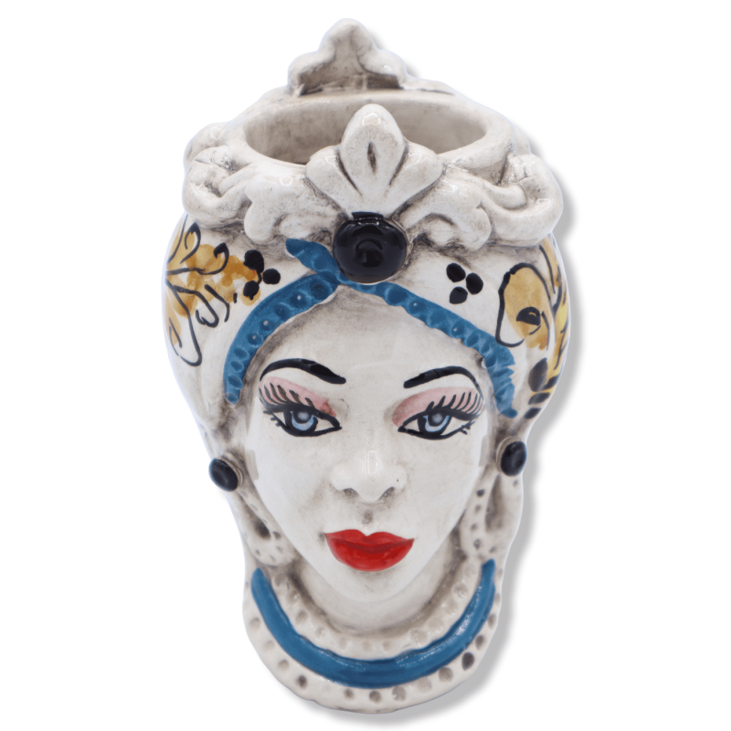 Cabeza de Jano de dos caras con dos caras en cerámica Caltagirone, decoración amarilla del siglo XVII - h 13 cm aprox. M