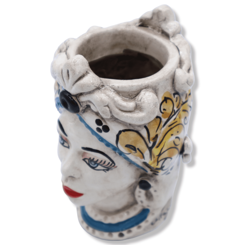 Giano Bifronte testa con due volti in ceramica di Caltagirone, decoro '600 giallo - h 13 cm ca. Mod RP - 