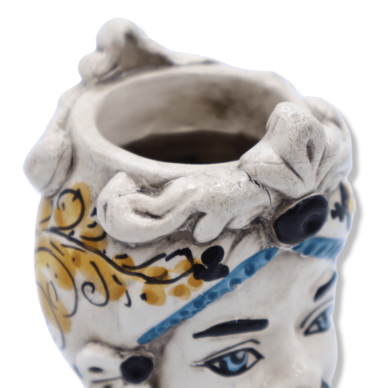 Cabeça de Janus de duas faces com duas faces em cerâmica Caltagirone, decoração amarela do século XVII - aprox. 13 cm. m