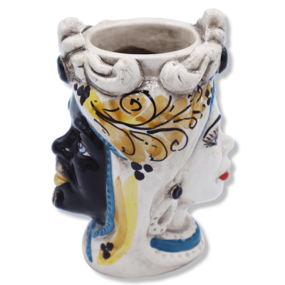 Giano Bifronte testa con due volti in ceramica di Caltagirone, uomo nero e decoro '600 giallo - h 13 cm ca. Mod RP - 