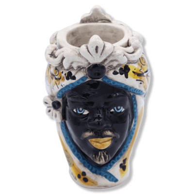 Giano Bifronte testa con due volti in ceramica di Caltagirone, uomo nero e decoro '600 giallo - h 13 cm ca. Mod RP - 