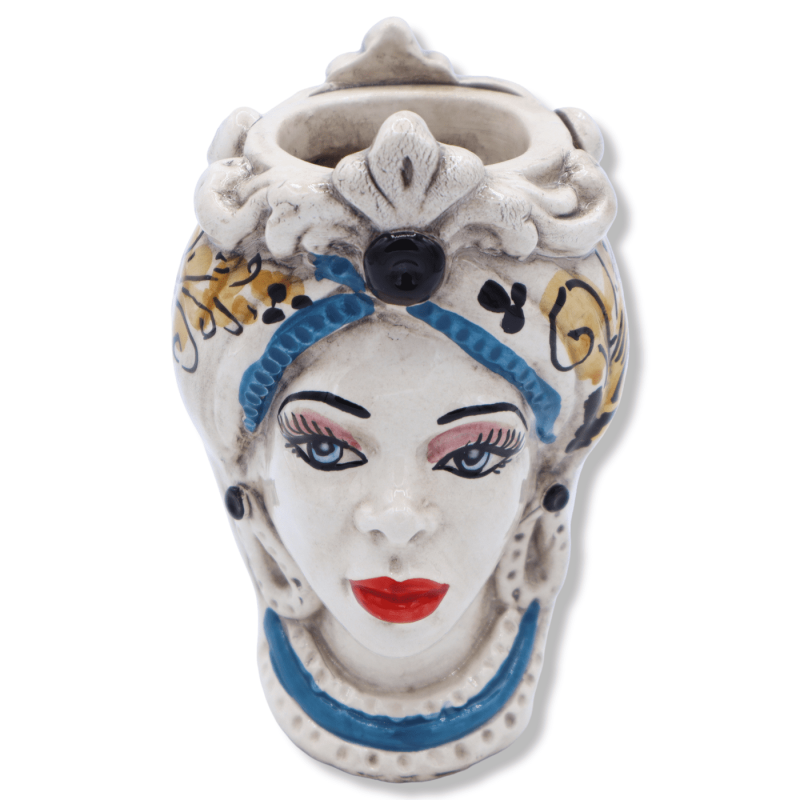 Giano Bifronte testa con due volti in ceramica di Caltagirone, uomo nero e decoro '600 giallo - h 13 cm ca. Mod RP - 