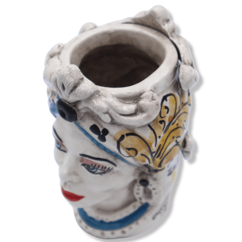 Two-faced Janus head with two faces in Caltagirone ceramic, black man and 17th century yellow decoration - h 13 cm appro