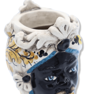 Two-faced Janus head with two faces in Caltagirone ceramic, black man and 17th century yellow decoration - h 13 cm appro