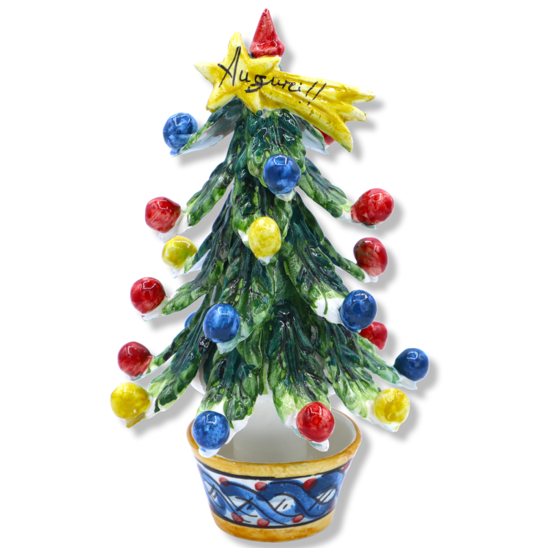 Árvore de Natal com estrela Cometa, ponta de cerâmica Caltagirone, bolas multicoloridas, altura 22 cm aprox. formulário 