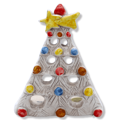 Kerzenhalter Baum H 13 cm antikweiße perforierte Caltagirone-Keramik mit mehrfarbigen Kugeln Mod RP - 