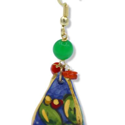 Caltagirone keramische oorbellen met cactusvijgschepje, ca. 7 cm hoog. met groene agaat en bamboekoraal, 24k goud emaill