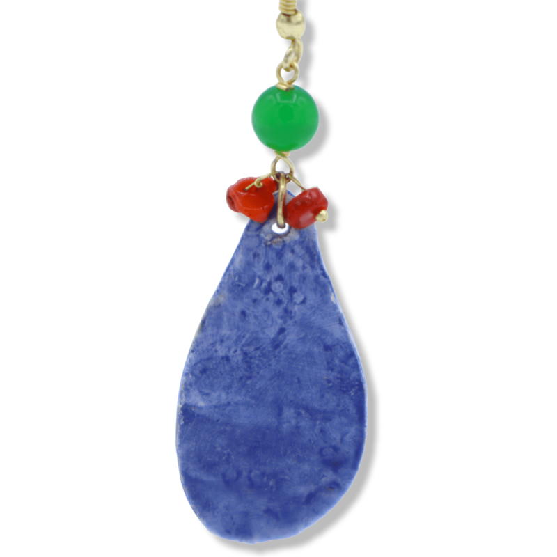 Caltagirone keramische oorbellen met cactusvijgschepje, ca. 7 cm hoog. met groene agaat en bamboekoraal, 24k goud emaill