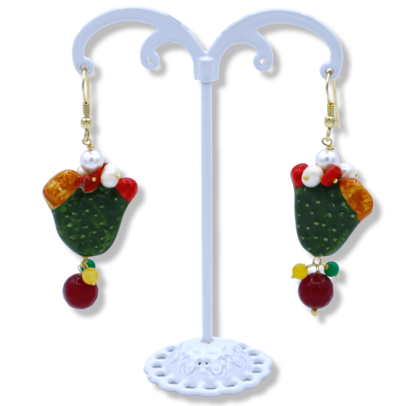 Oreczki z ceramiki z Caltagirone, w kształcie płyny ficodindy z zieloną agatą, perłami i naturalnymi kamieniami - 