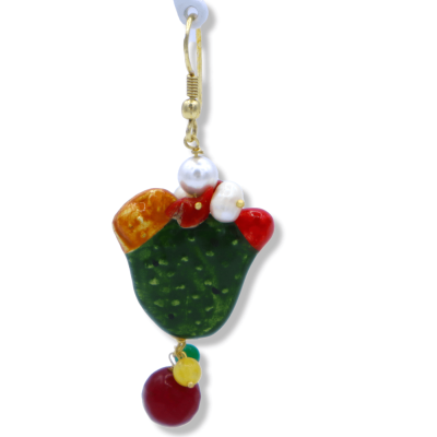 Caltagirone ceramic earrings, in the shape of a prickly pear shovel with green agate, scaramazza pearls and natural ston
