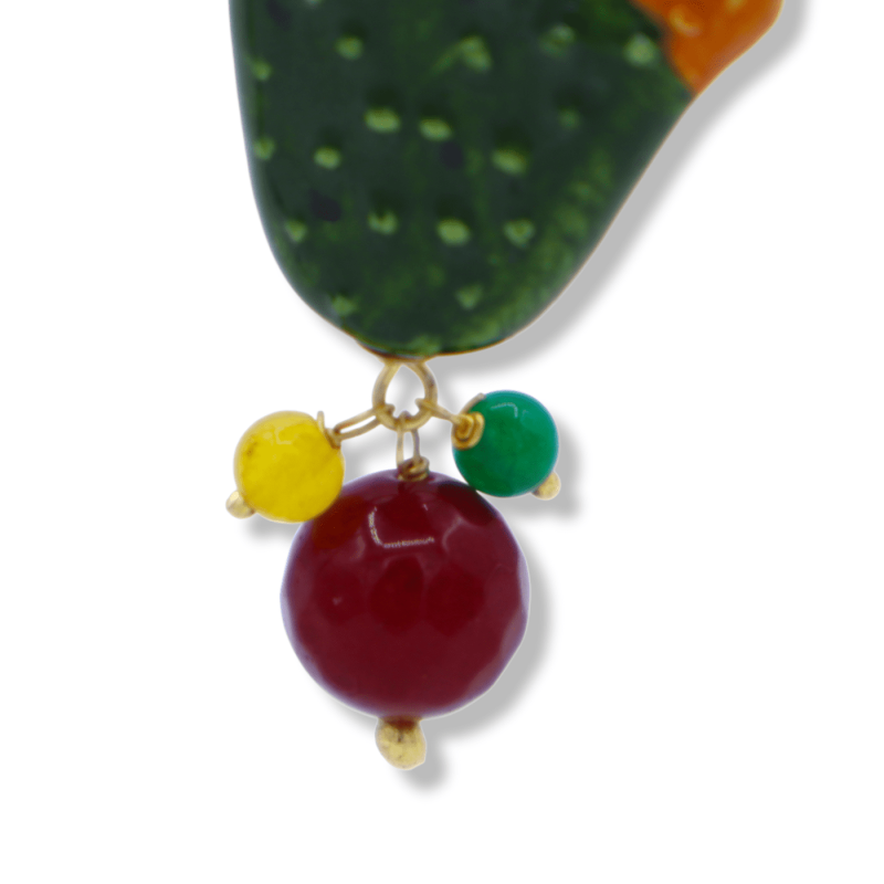 Caltagirone ceramic earrings, in the shape of a prickly pear shovel with green agate, scaramazza pearls and natural ston