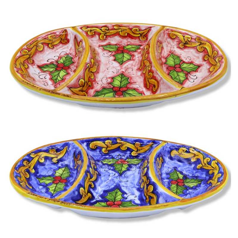 Bandeja antipastiera en fina cerámica siciliana, decoración barroca y navideña, color a elegir, 35x25 cm aprox. (1 PC) -
