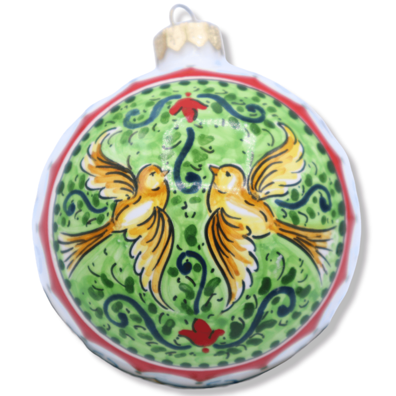 Palla di Natale ceramica Caltagirone, decoro barocco e scenario con uccelli, Ø 9 cm ca. - 