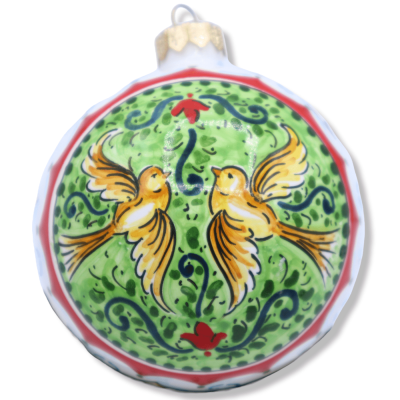 Palla di Natale ceramica Caltagirone, decoro barocco e scenario con uccelli, Ø 9 cm ca. - 